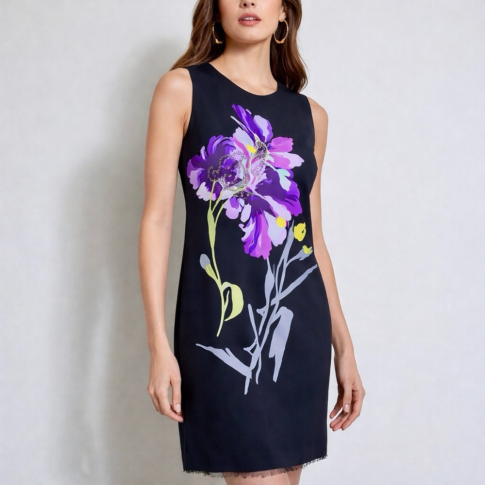 ELLE XS Black Sleeveless Floral Shift Dress Abstract Print